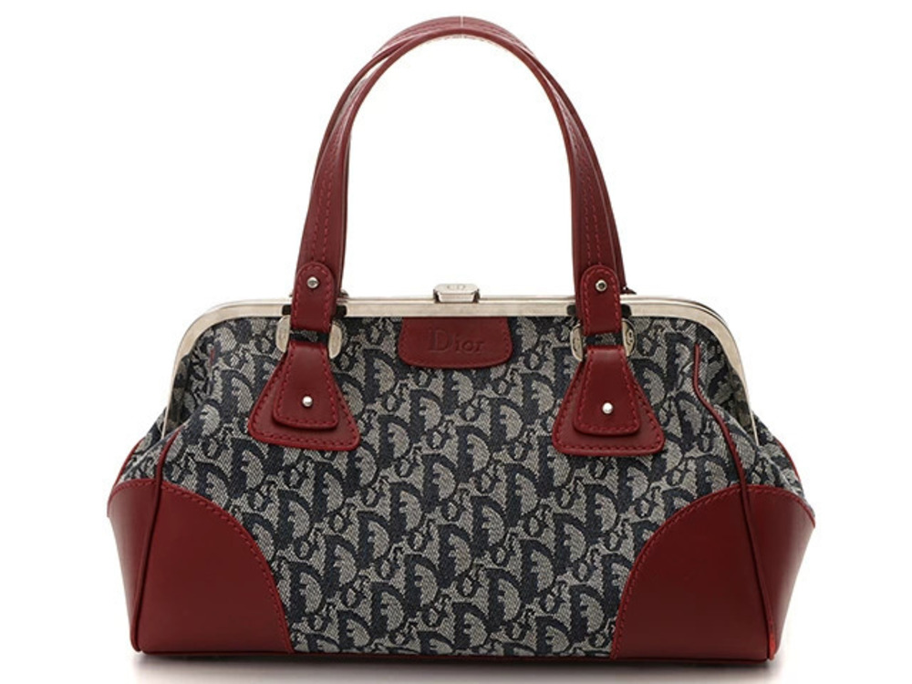 Christian Dior Trotter Clasp Handbag Navy Blue Red Jacquard HU